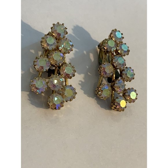 Vtg AB Aurora Borealis Rhinestone Gold Tone Clip-on Earrings Iridescent … - Picture 5 of 5